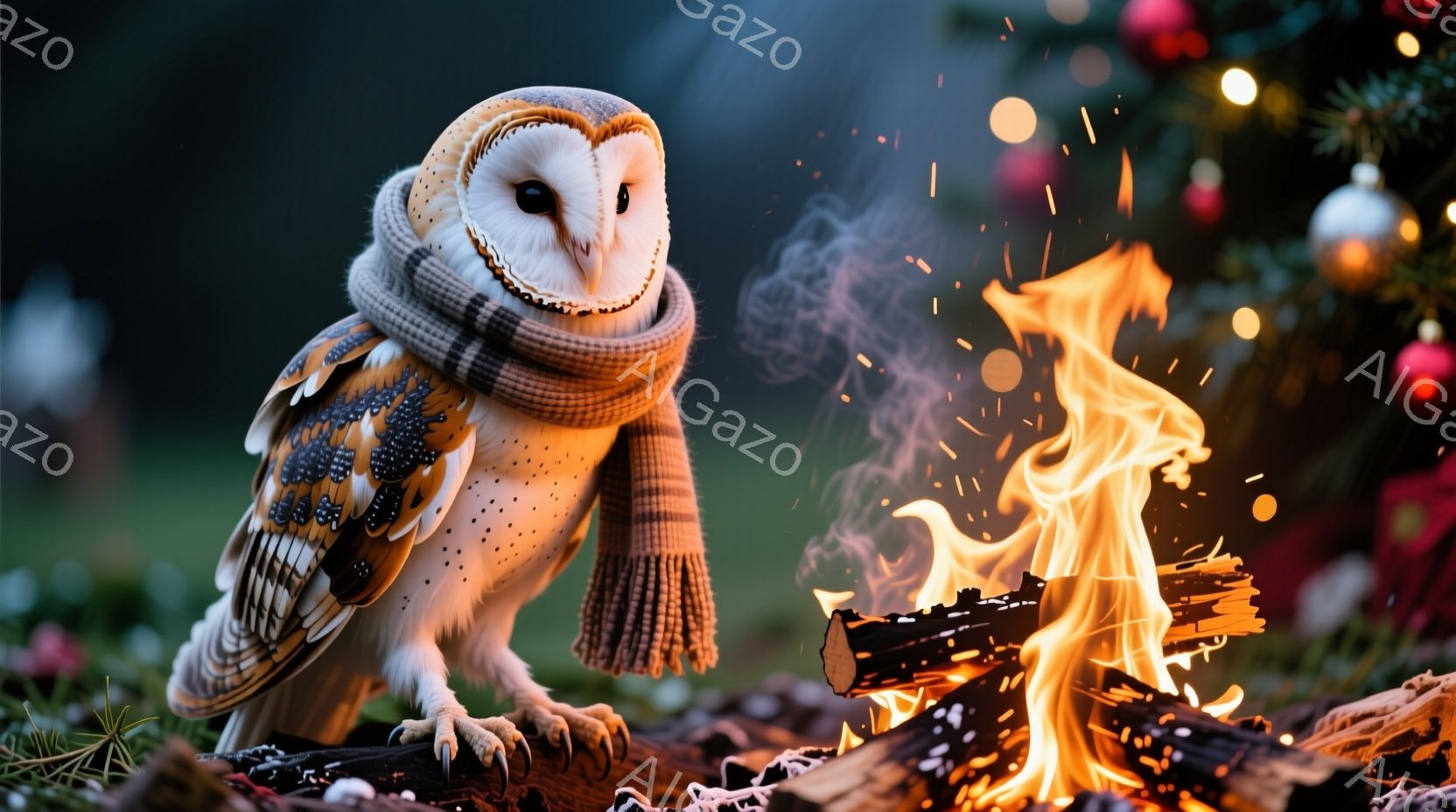 白いフクロウが暖炉のそばに座っており、首に縞模様の暖かいスカーフを巻いています。フクロウは前を向き、穏やかな表情で、暖かそうな光景の中に身を置いています。背景にはぼやけたクリスマスツリーがあり、全体的 - AI生成フリー素材