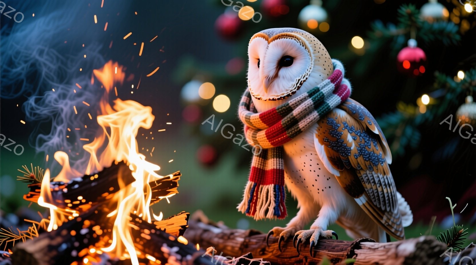 白くてふわふわしたフクロウが、赤、青、黄色が混ざった暖かいマフラーを首に巻いている。フクロウは木の枝に座り、鋭い視線で正面を見つめ、強い存在感を放っている。背景にはぼやけたクリスマスツリーと暖炉の炎が - AI生成フリー素材