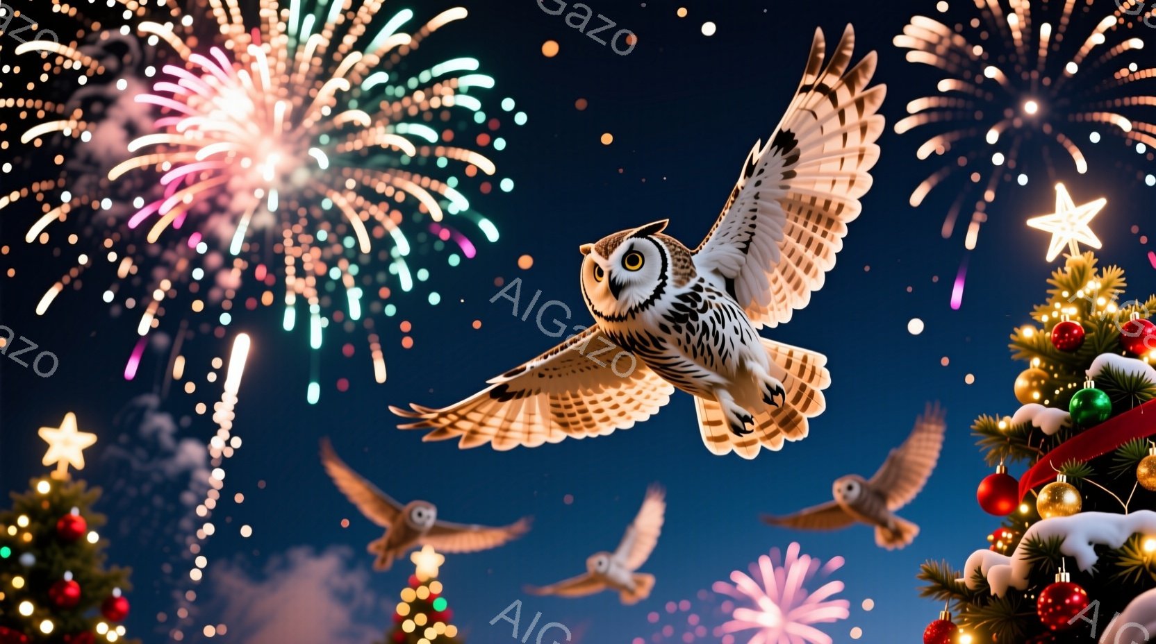 深い青色の夜空を背景に、複数のフクロウが舞っている様子が描かれています。右側には、装飾が施されたクリスマスツリーが雪をまとって輝き、背景にはピンクや白の美しい花火が夜空を彩っています。全体的に幻想的で - AI生成フリー素材
