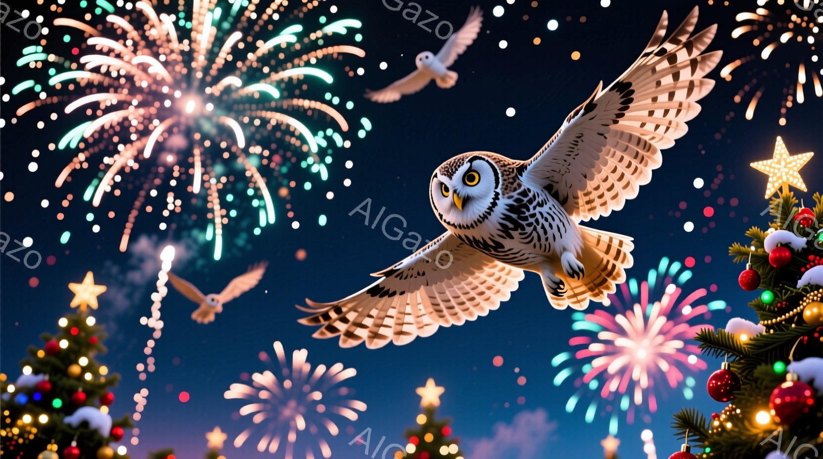 夜空を背景に、翼を広げたフクロウが飛行している様子が描かれています。周りにはクリスマスツリーや花火が散りばめられており、冬の夜空を華やかに彩っています。フクロウは鋭い眼差しで前を見据え、力強く空を舞う姿は、神秘的で壮大な雰囲気を醸し出しています。