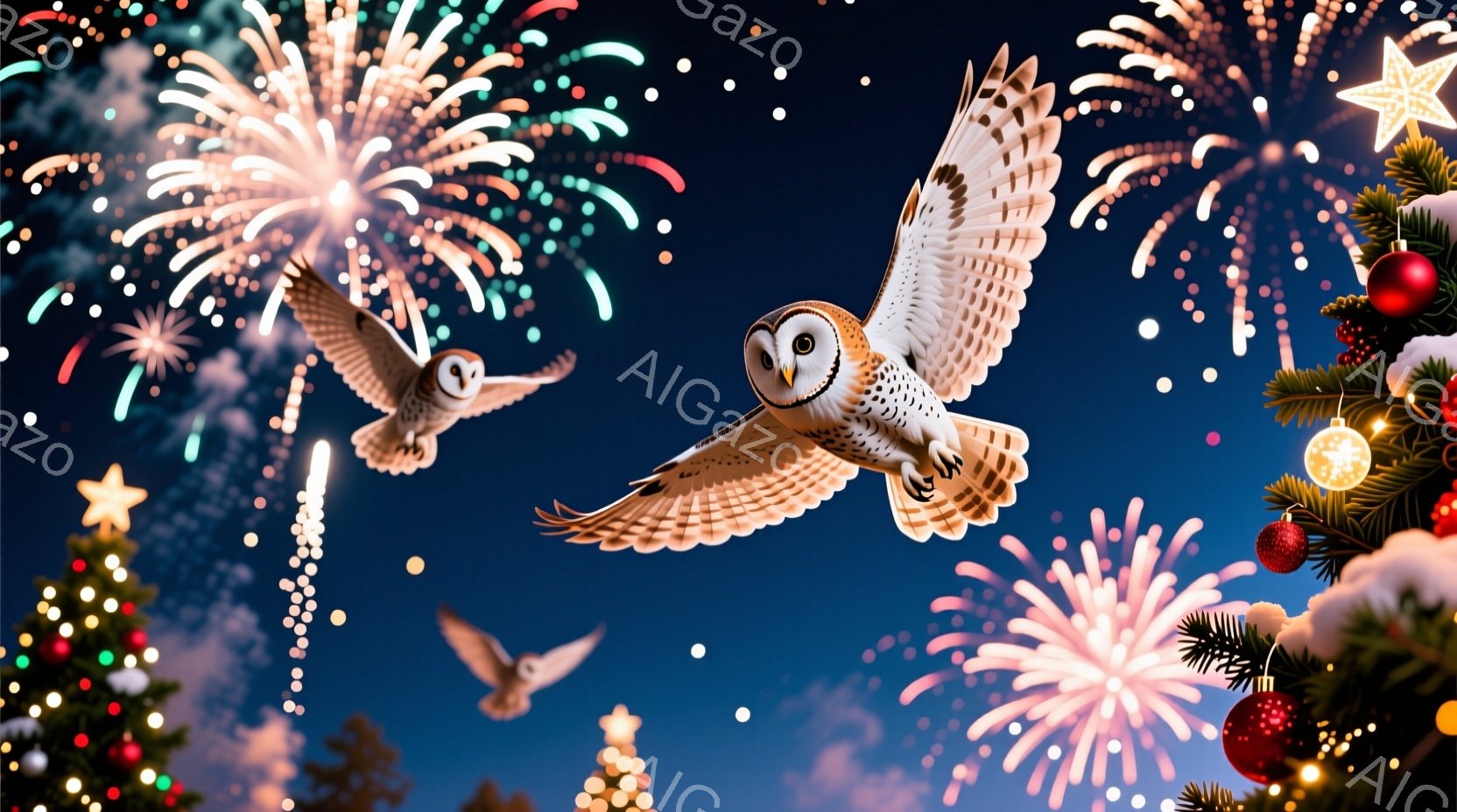 夜空を背景に、複数のフクロウが舞い上がっている様子が描かれています。クリスマスツリーが点在し、夜空にはきらめく光と花火が広がり、祝祭的な雰囲気を醸し出しています。フクロウは優雅に翼を広げ、夜空を自由に飛び回っている姿は、幻想的で温かい印象を与えます。