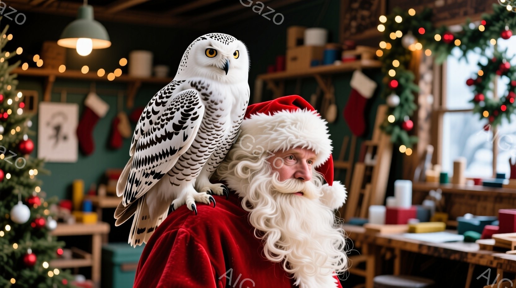白いフクロウが、赤い衣装と帽子を身に着けたサンタクロースの肩にとまっている。サンタクロースは白いひげを蓄え、穏やかな表情をしている。背景には、クリスマスオーナメントで飾られた部屋が広がり、暖かくお祝い - AI生成フリー素材