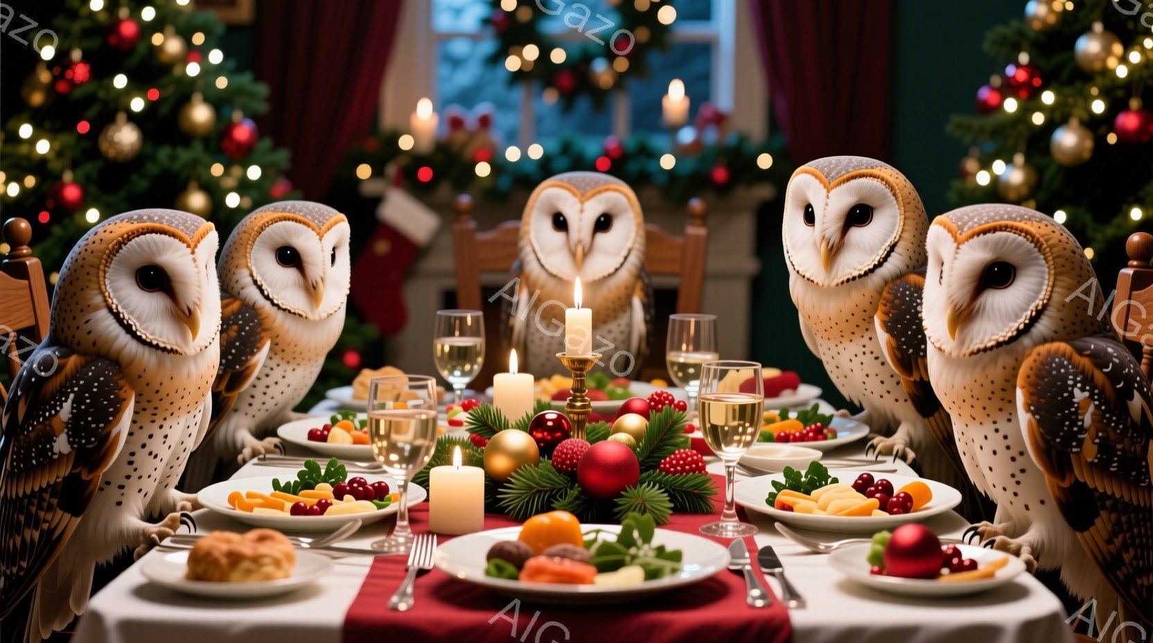 クリスマスをテーマにしたダイニングテーブルを囲むフクロウたちが描かれています。フクロウたちはそれぞれ椅子に座り、人間のような姿勢でテーブルを見つめており、その表情は厳かで、少しユーモラスです。背景には、クリスマスツリーが飾られ、キャンドルが灯り、暖かく幻想的な雰囲気を醸し出しています。