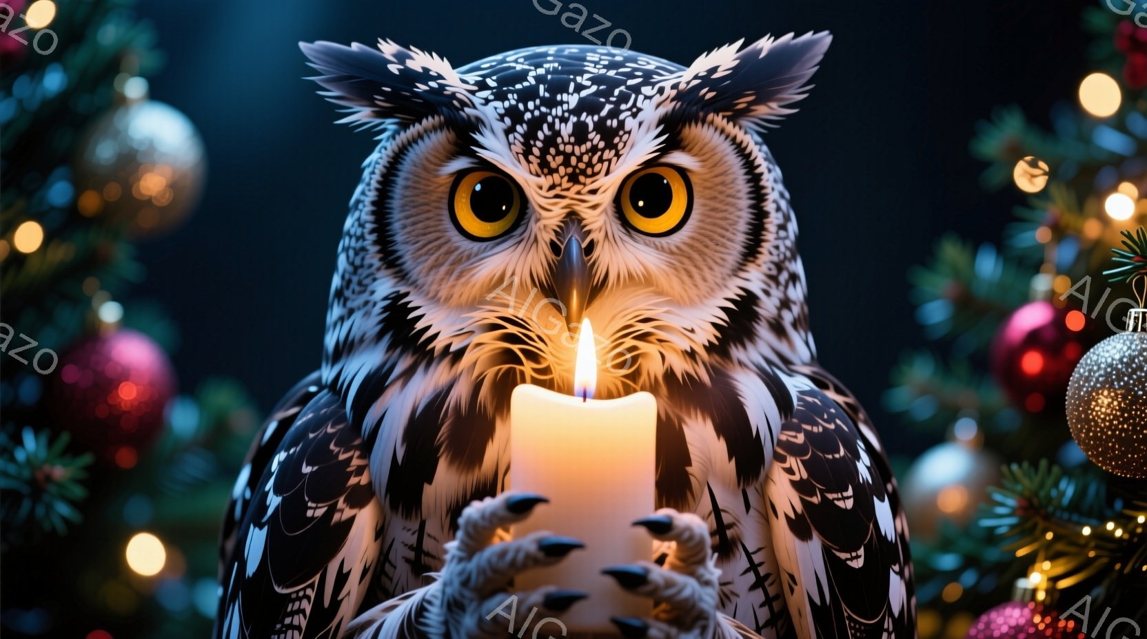 大きなフクロウがろうそくを両手で抱えています。フクロウの羽は黒と白の複雑な模様で覆われ、鮮やかな黄色の目は温かい光を放っています。背景には、ぼやけたクリスマスツリーと輝くオーナメントが散りばめられ、幻 - AI生成フリー素材
