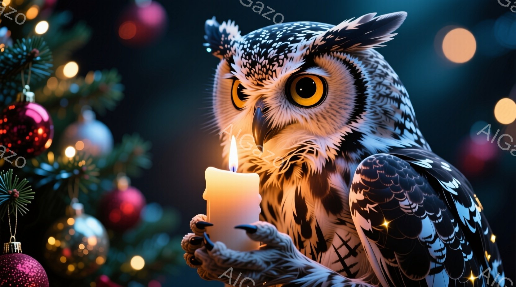 鮮やかなクリスマスツリーの背景に、大きなフクロウが描かれている。フクロウは片方の翼でろうそくを支え、鋭い眼光でこちらを見つめている。背景にはぼやけたクリスマスオーナメントと、輝く光が散りばめられ、幻想的で温かい雰囲気を醸し出している。