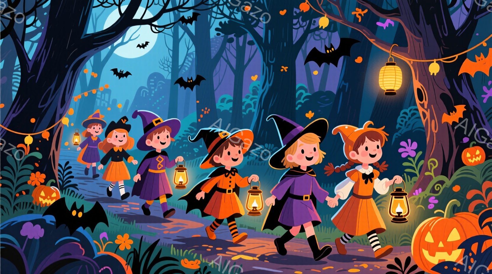 複数の子供たちがハロウィーンの衣装を着て、ランタンを持って森の中の道を歩いている。紫色のドレスとオレンジ色のオーバーオール、そして魔女帽子をかぶった子供たちは、明るい笑顔で夜の冒険を楽しんでいるようだ - AI生成フリー素材