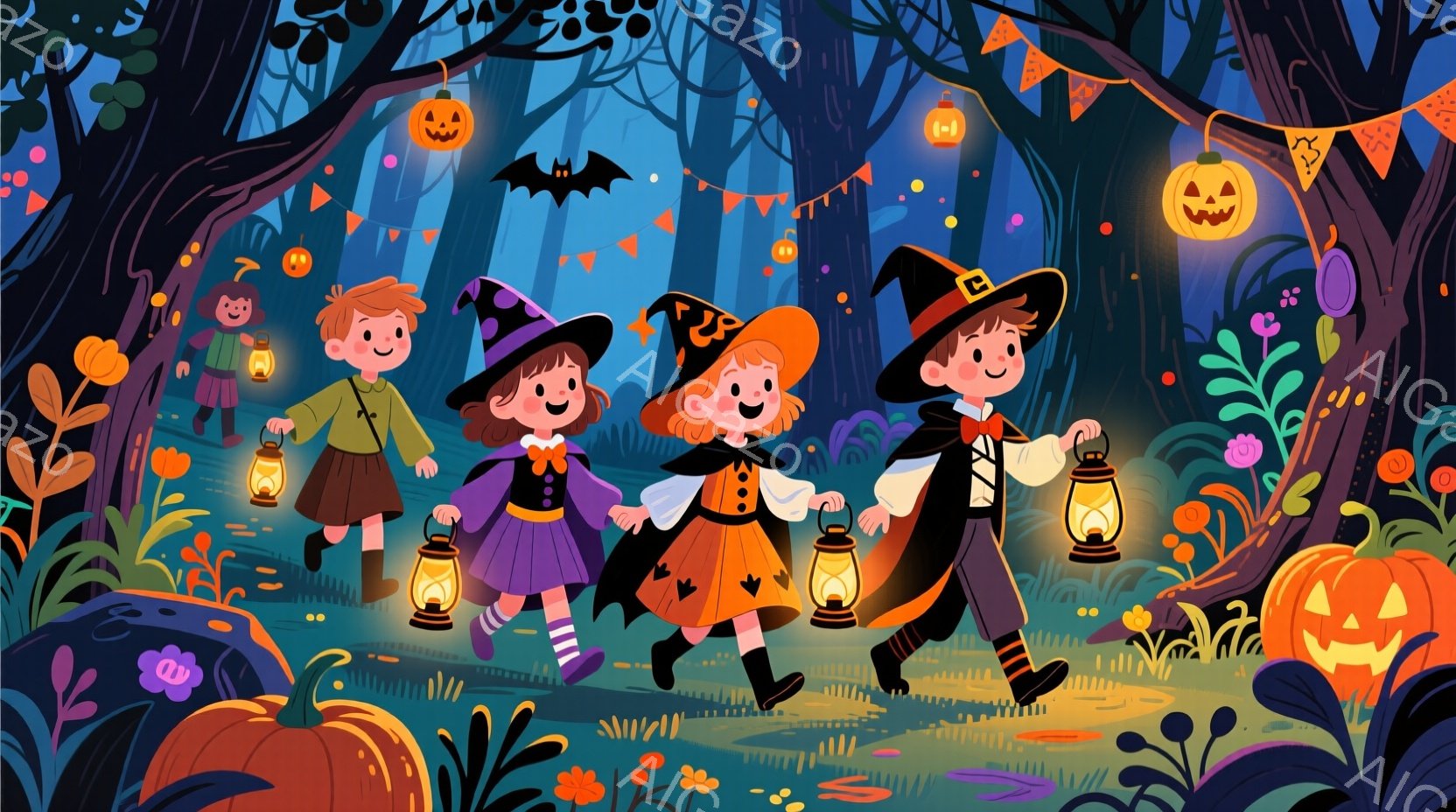 ハロウィーンの夜に、3人の子供たちがランタンを持って森の中を歩いている様子が描かれています。女の子はそれぞれ紫と黒の魔女風の衣装を着ており、男の子は伝統的なハロウィーンの衣装に帽子をかぶっています。背 - AI生成フリー素材