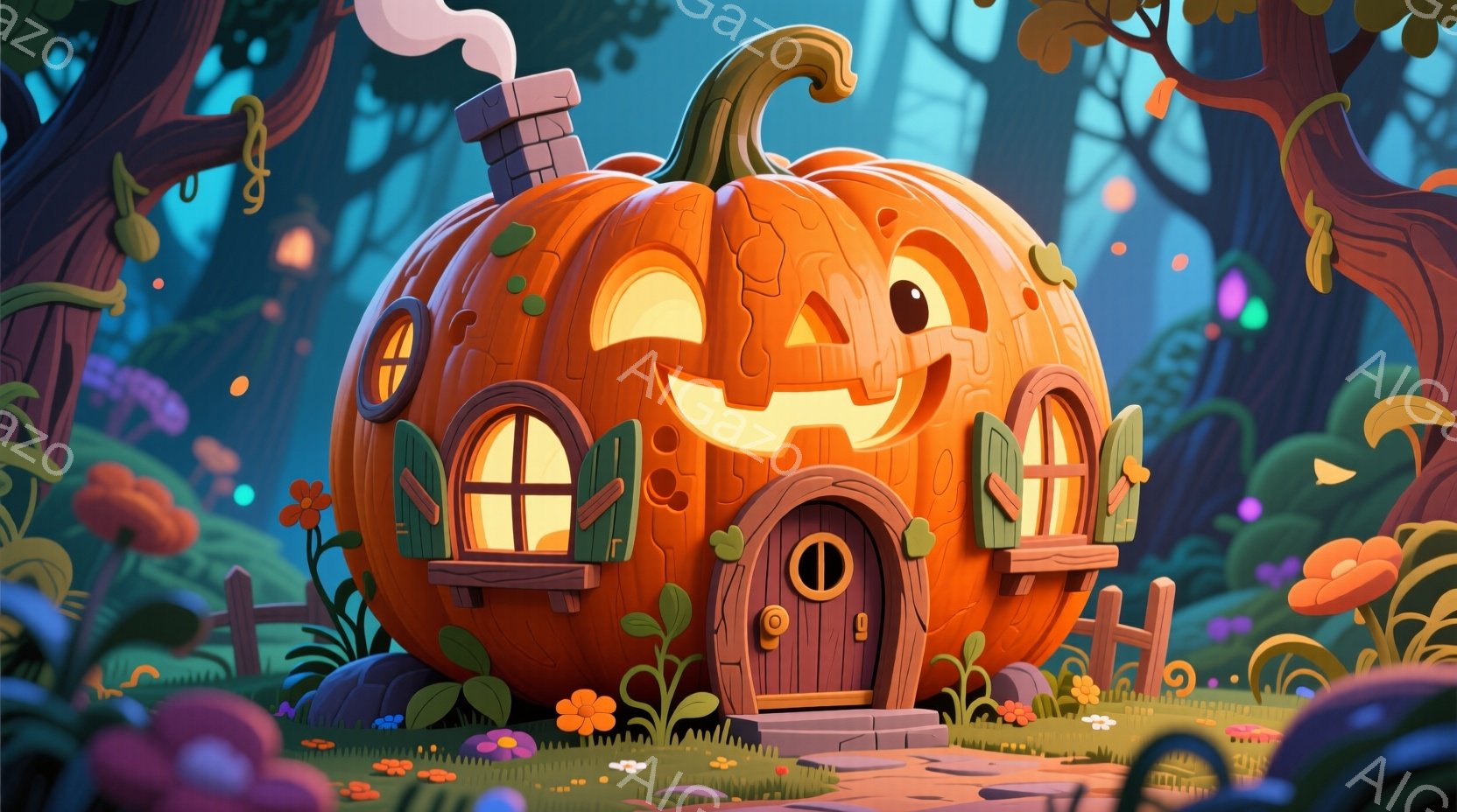 大きなカボチャが家のように形作られており、窓とドアがあり、煙突から煙が出ている。周囲には、小さな花やキノコが生い茂り、木製の柵が設けられている。全体的にファンタジーで温かく、ハロウィンのような雰囲気を醸し出している。