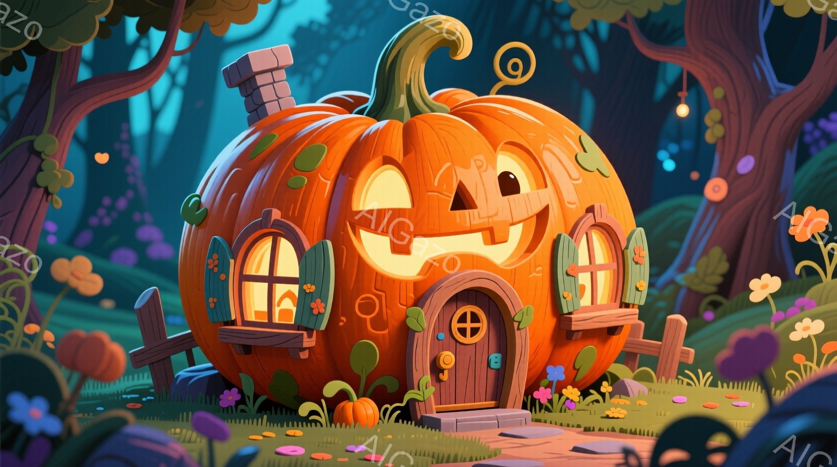 大きなカボチャが可愛らしい家の形をしており、窓やドアが彫られています。周囲には緑豊かな草地と色とりどりの花が咲き乱れ、木製の柵が家の周りを囲んでいます。背景には暗い森が広がり、幻想的で温かい雰囲気を醸し出しています。
