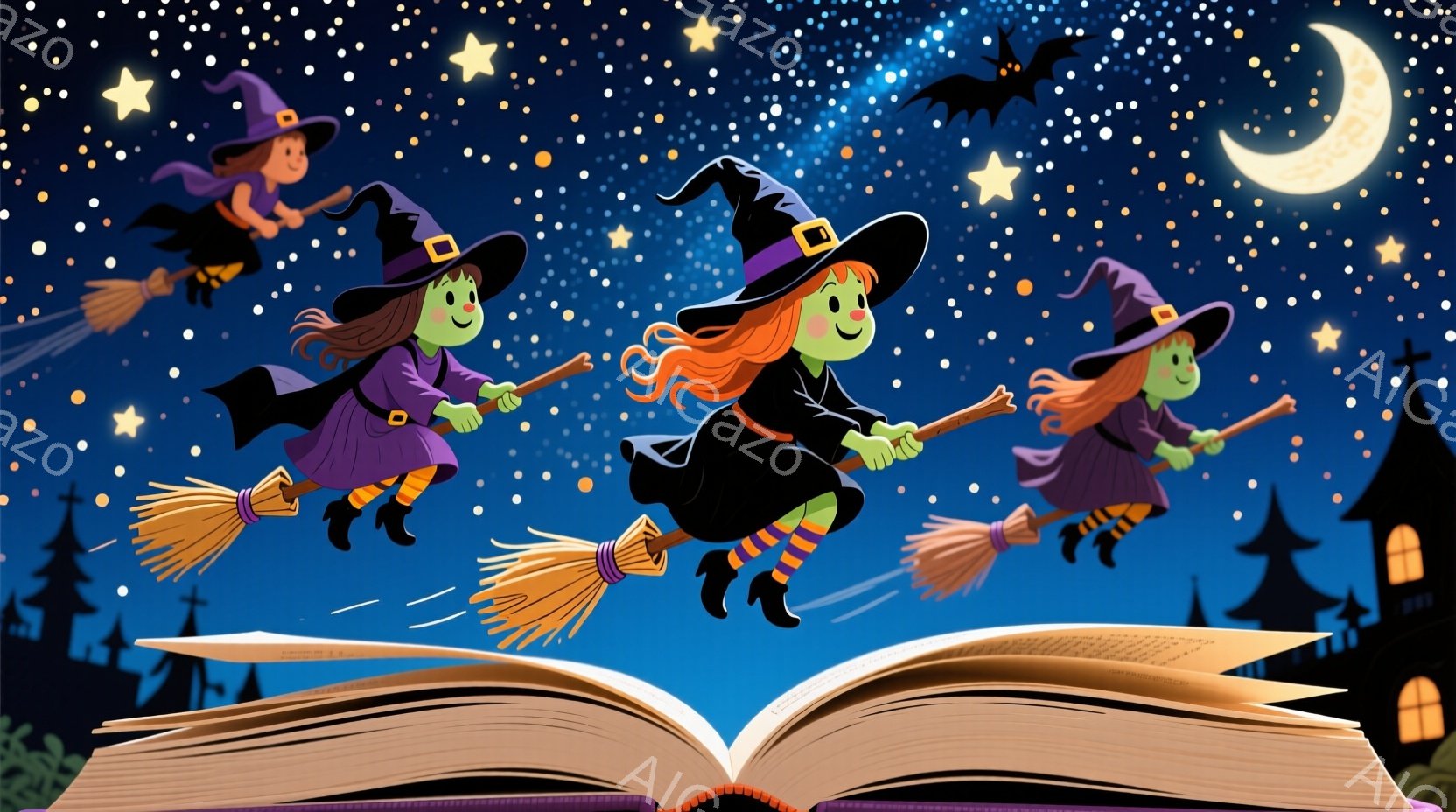 ３人の魔女が夜空を箒に乗って飛んでいる。彼女たちは緑色の肌、赤い髪、黒い帽子とローブを着ており、楽しそうな表情をしている。背景には、シルエットの建物、暗い森、満月と星空が広がり、ハロウィーンの夜の魔法のような雰囲気を醸し出している。