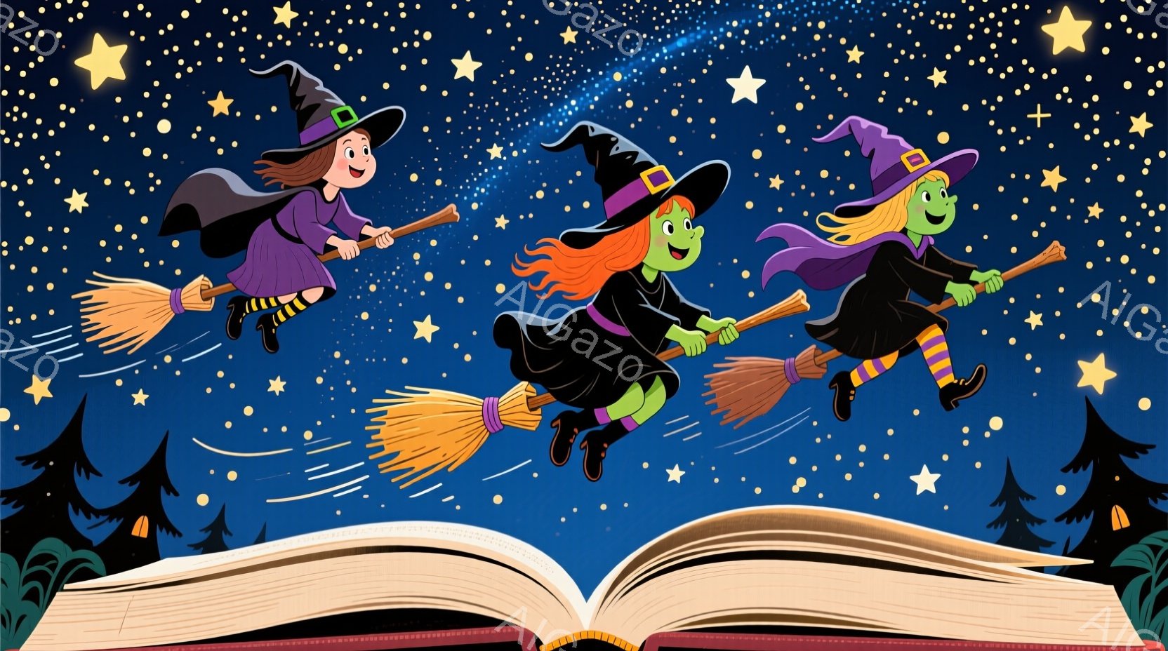 ハロウィーンのパーティーの様子で、3体の緑色のモンスターが描かれています。左のモンスターは緑色の髪で、真ん中のモンスターは大きな口を開けて楽しそうに笑い、右のモンスターは紫色の帽子をかぶっています。背 - AI生成フリー素材