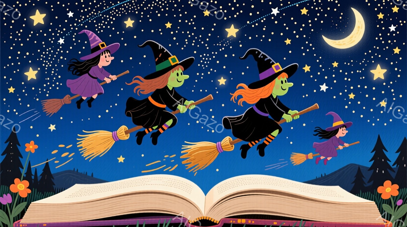 夜空を背景に、魔女たちがほうきに乗って飛んでいるイラストです。魔女たちは黒い帽子とドレスを着ており、それぞれ異なる髪の色と表情をしています。開いた本の上の草原で、満月と星空が美しい幻想的な雰囲気を醸し出しています。