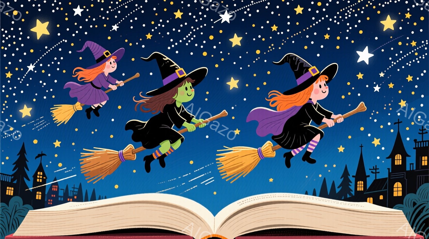 三人の魔女が、ほうきにまたがり夜空を飛んでいる様子が描かれています。それぞれ黒い帽子とローブを身につけ、赤い髪や緑色の髪など、個性的な髪型をしています。背景にはシルエットで描かれた城や木々、そして星空が広がり、おとぎ話のような幻想的な雰囲気を醸し出しています。