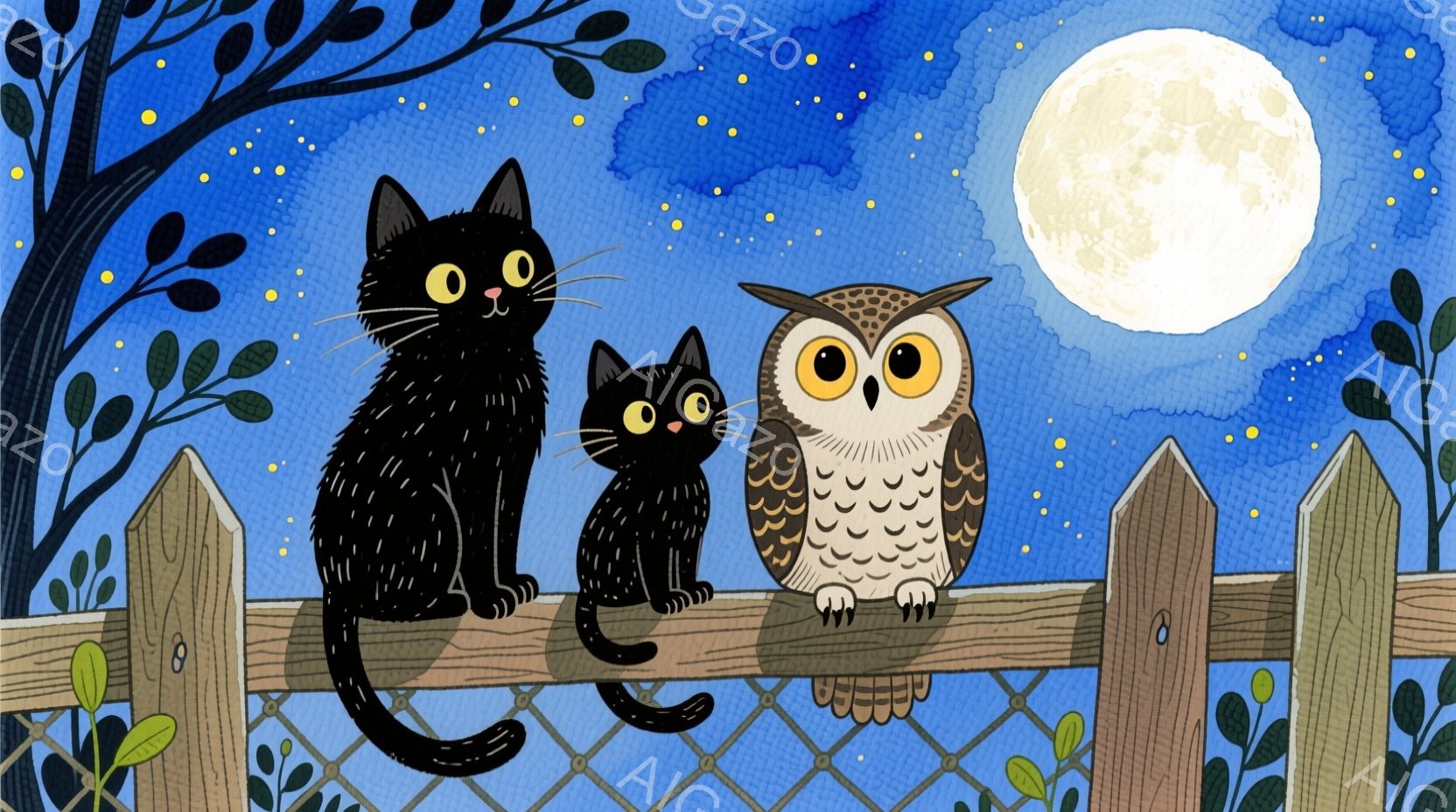 黒猫の親子とフクロウが、木製の柵の上に並んで座っている。満月が夜空に輝き、周囲には小さな星が散りばめられている、夜の静かな風景だ。背景には緑の葉が生い茂る木々があり、全体的に穏やかで幻想的な雰囲気を醸 - AI生成フリー素材