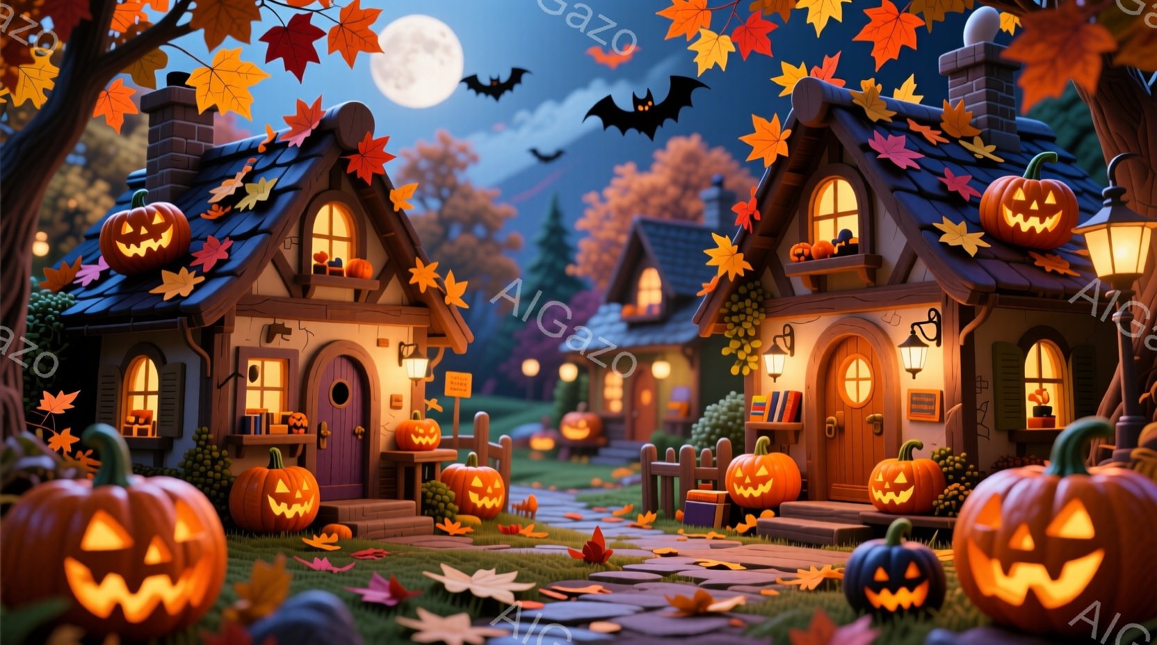 ハロウィーンの夜を思わせる、可愛らしい家々が並んでいます。各家の前にかぼちゃが灯され、玄関にはプレゼントや本が置かれ、お祝いの雰囲気が漂っています。背景には紅葉した木々と満月が輝き、夜の森の静けさと楽しさを表現しています。