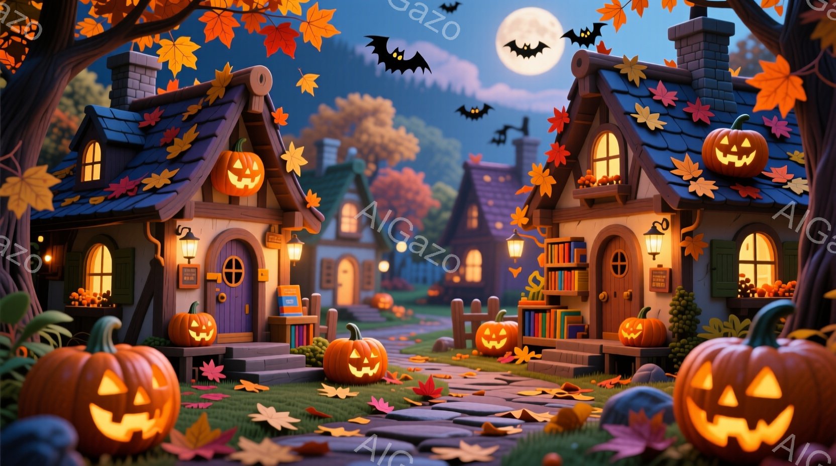 ハロウィーンの夜を思わせる、カラフルで可愛らしい街並みが見える。道路には落ち葉が散らばり、家々の窓からはオレンジ色の光が漏れ、カボチャのランタンが楽しげに輝いている。背景には暗い夜空と、数匹のコウモリ - AI生成フリー素材