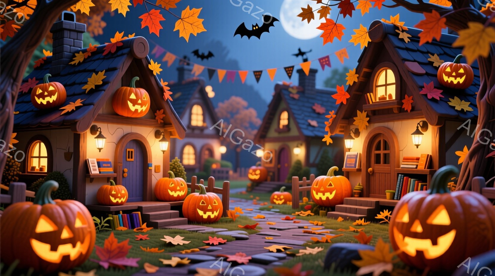 ハロウィーンの夜を思わせる、可愛らしい家々が並ぶ通りです。家々の前にカボチャが置かれ、玄関には本が積み重ねられています。夜空には満月が輝き、通りには紅葉が舞い散り、ハロウィーンらしい雰囲気を醸し出して - AI生成フリー素材