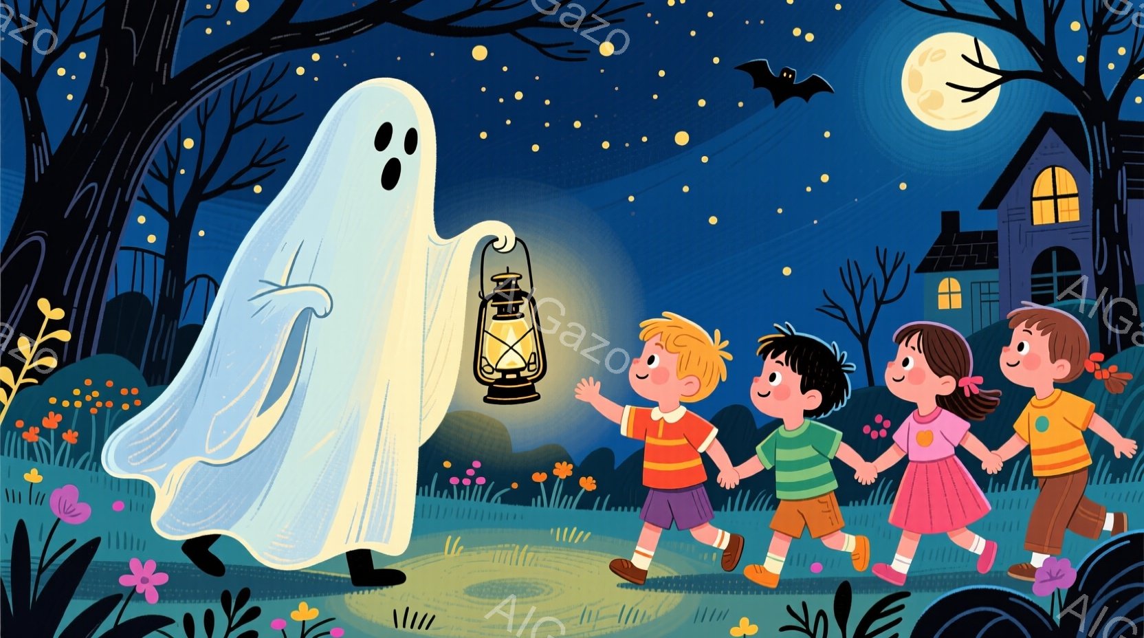 夜の風景の中に、幽霊と子供たちが描かれています。幽霊は白い布で覆われ、片手にランタンを持ち、子供たちは手をつないで幽霊に向かって歩いています。背景には暗い森、遠くの家、そして満月と数匹のコウモリが見ら - AI生成フリー素材