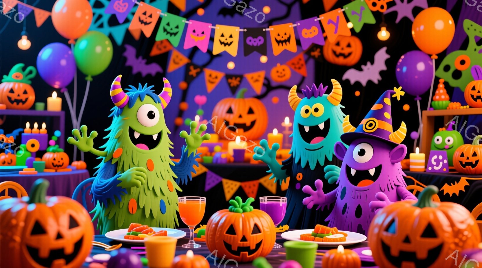 ハロウィーンをテーマにしたパーティーの様子が描かれています。緑、紫、オレンジ色のモンスターたちが、パンプキンや飾り付けられたテーブルを囲み、楽しそうにしています。背景には、カボチャのランタン、バルーン - AI生成フリー素材