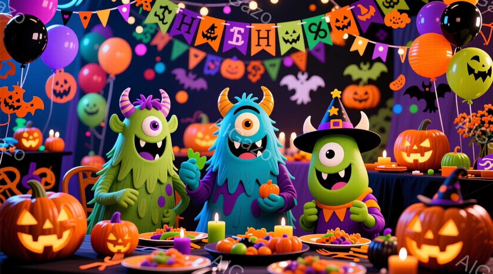 3匹のかわいいモンスターがハロウィーンパーティーを楽しんでいます。緑、青、黄色のモンスターはそれぞれ異なる表情で、お祝いのテーブルを囲んでおり、テーブルの上にはお菓子やキャンドル、そしてジャック・オ・ランタンが飾られています。背景には、パンプキン、コウモリ、カラフルな風船が飾られ、お祝いムードを盛り上げています。