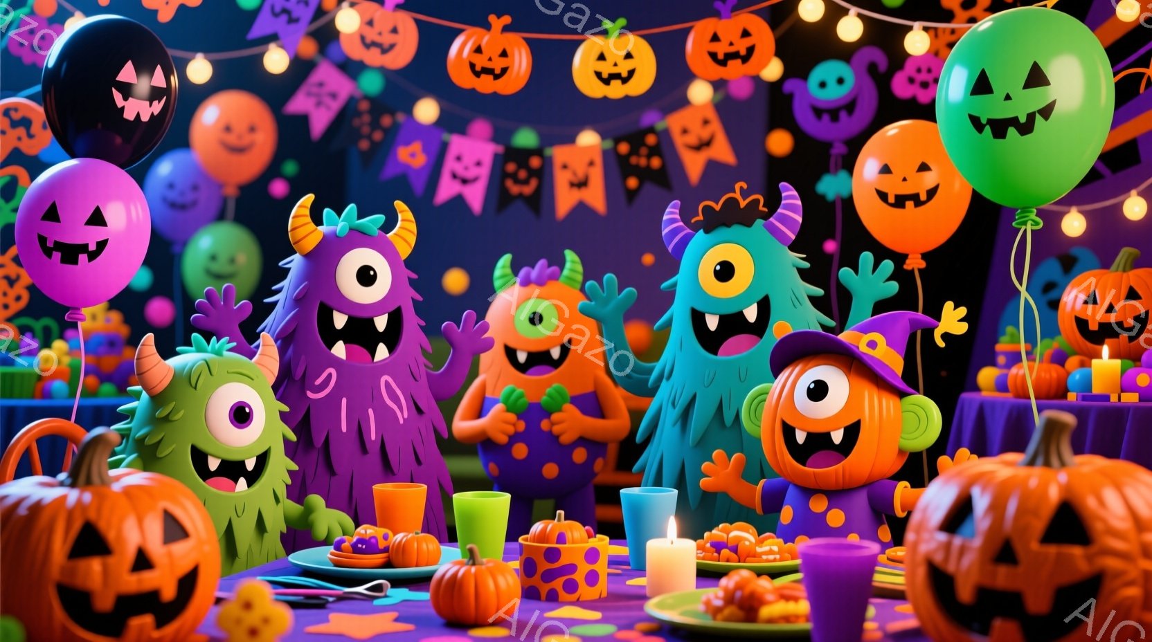 ハロウィーンをテーマにしたパーティーの様子で、様々な色と形のモンスターたちがテーブルを囲んで楽しんでいます。モンスターたちはそれぞれ異なる服装をしており、緑色のモンスターは紫色の帽子をかぶり、ピンク色 - AI生成フリー素材