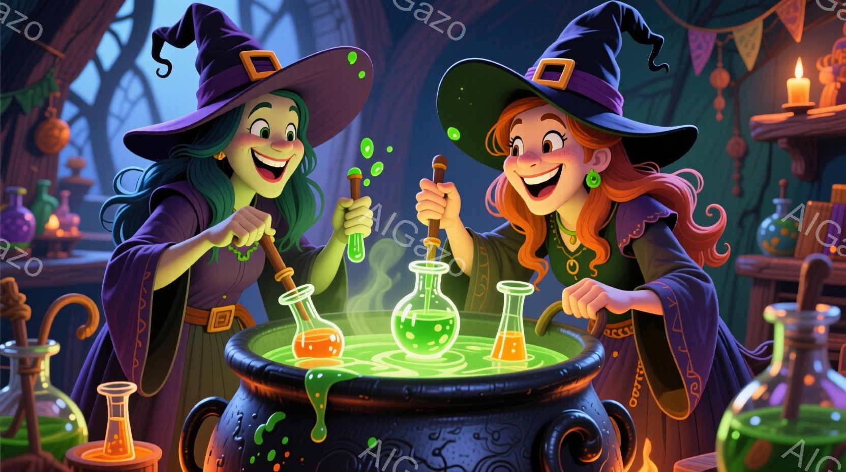 二人の若い魔女が大きな釜の周りに立っており、それぞれ試験管を手に、緑色の液体が入った泡立つ混合物を覗き込んでいます。彼女たちは黒いローブと尖った帽子を身につけ、鮮やかな赤髪と緑髪で、顔には興奮と楽しそ - AI生成フリー素材