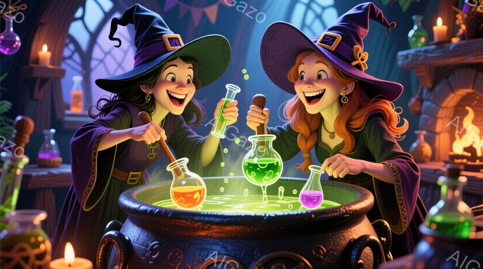 二人の若い魔女が、大きな黒い鍋の周りで魔法の調合をしている様子が描かれています。彼女たちは緑色の尖った帽子をかぶり、紫色のローブを着ており、明るい笑顔を浮かべています。背景には、魔法薬の瓶や燃え盛る暖炉、そして暗く神秘的な部屋が広がっており、全体的に暖かく幻想的な雰囲気が漂っています。