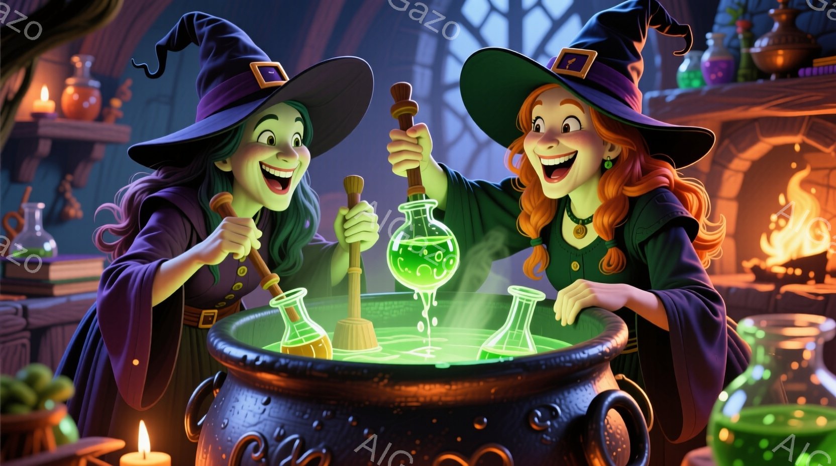 2人の若い魔女が大きな黒い釜の周りに立っており、緑色の光る液体が入ったフラスコを手にしています。彼女たちは黒いローブと尖った帽子を着用し、髪はそれぞれ赤毛と黒髪で、顔には喜びと興奮が表れています。背景には、本棚、薬瓶、ロウソクなどがあり、魔女の作業室の雰囲気を示しています。