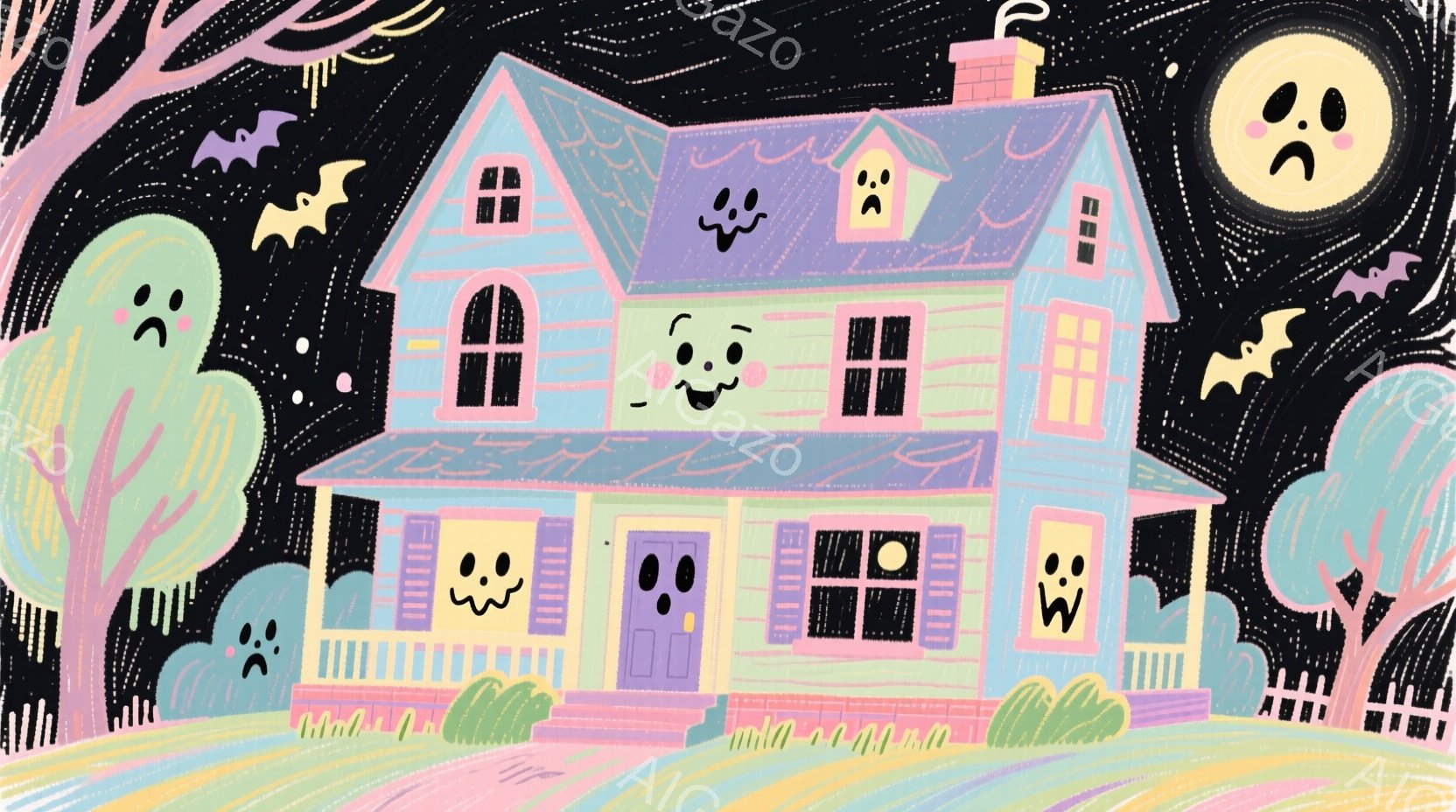 青い家が緑の芝生の上に立っており、ハロウィーンを連想させる可愛らしいデザインが特徴です。家には目と口が描かれており、まるで生きているかのような表情を見せています。夜空には黒いコウモリと、悲しそうな顔の幽霊が浮かび、少し不気味ながらも温かみのある雰囲気を醸し出しています。