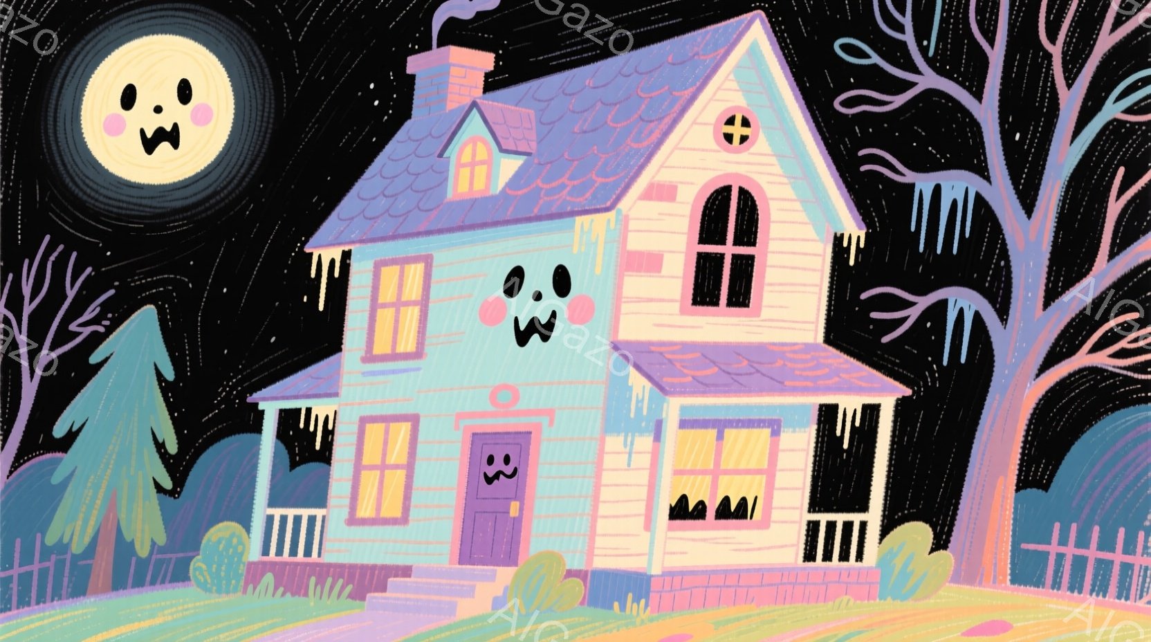 趣のある二階建ての家が、満月を背景に描かれています。家はパステルカラーで描かれ、窓や玄関には愛らしい表情が施されています。背景にはシルエット状の木々やフェンスがあり、幻想的で少し不気味な雰囲気を醸し出 - AI生成フリー素材