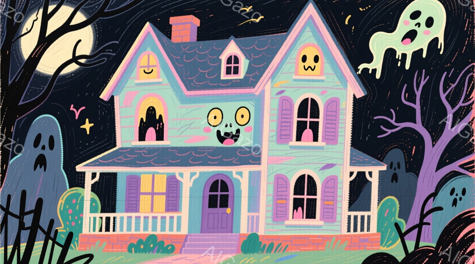 明るいパステルカラーの2階建ての家が描かれており、各窓にはお化けの顔が描かれています。家の周りには不気味なシルエットの木々や柵があり、背景は暗い夜空と満月で、全体的にハロウィーンらしい陽気で少し不気味な雰囲気を醸し出しています。家はハロウィーンの飾り付けがされており、お化けや月が楽しげな雰囲気を作り出しています。