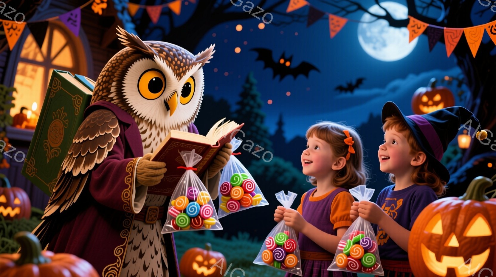明るいハロウィーンの夜、フクロウの魔法使いが子供たちにキャンディーを配っています。子供たちはそれぞれお菓子が入った袋を持っており、楽しそうにフクロウを見上げています。背景には、カボチャのランタン、飾り付けられた家、そして満月が輝く夜空が広がっており、お祝いの雰囲気に満ちています。