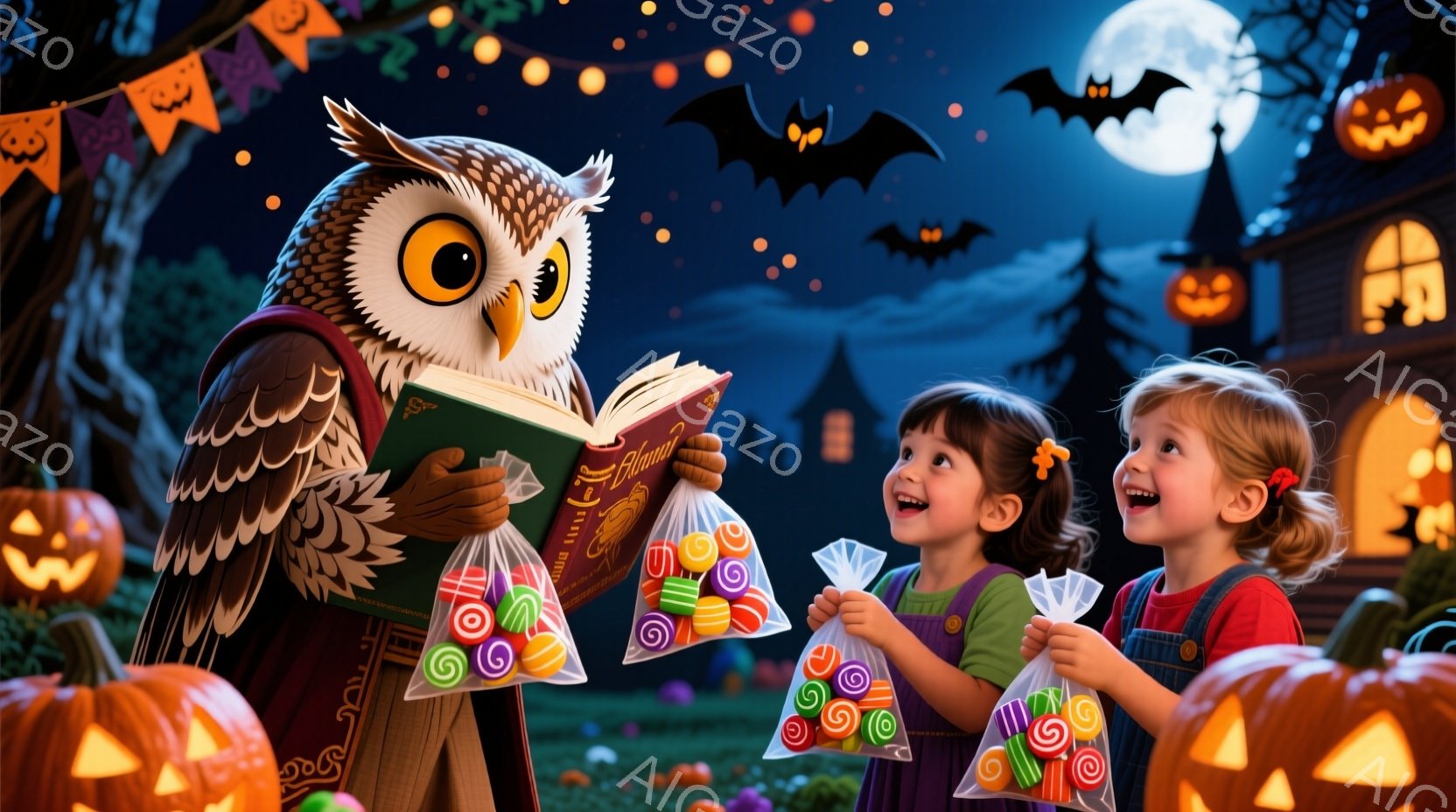 フクロウが本を読み聞かせている様子が描かれています。二人の女の子は、キャンディーが入った袋を持ってフクロウの方を見て微笑んでおり、楽しそうな様子です。背景には、ハロウィーンの飾り付けがされた家や、カボチャ、そして夜空が広がり、お祭り気分を盛り上げています。