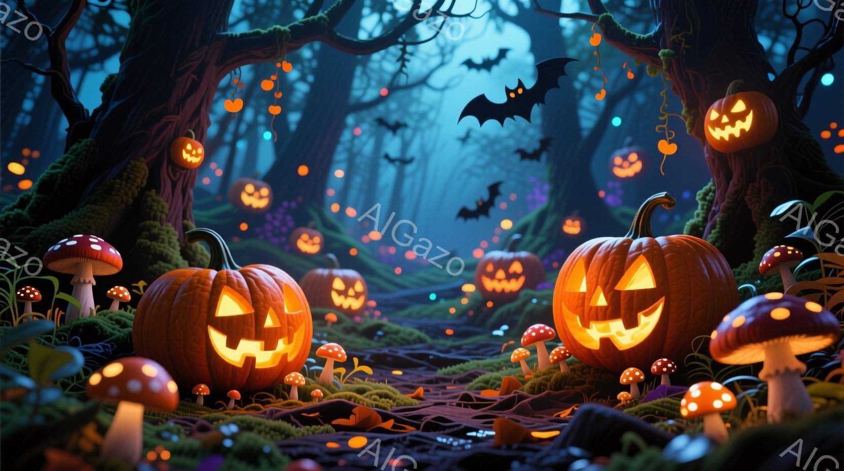 鮮やかなオレンジ色のジャック・オ・ランタンが、深い森の中で不気味な光を放っている。背景には高い木々が生い茂り、赤いキノコが点在し、暗闇に浮かぶコウモリがハロウィーンの夜の不気味な雰囲気を強調している。全体的に、幻想的で少し不気味な、ハロウィーンを彷彿とさせる夜の森の風景が描かれている。
