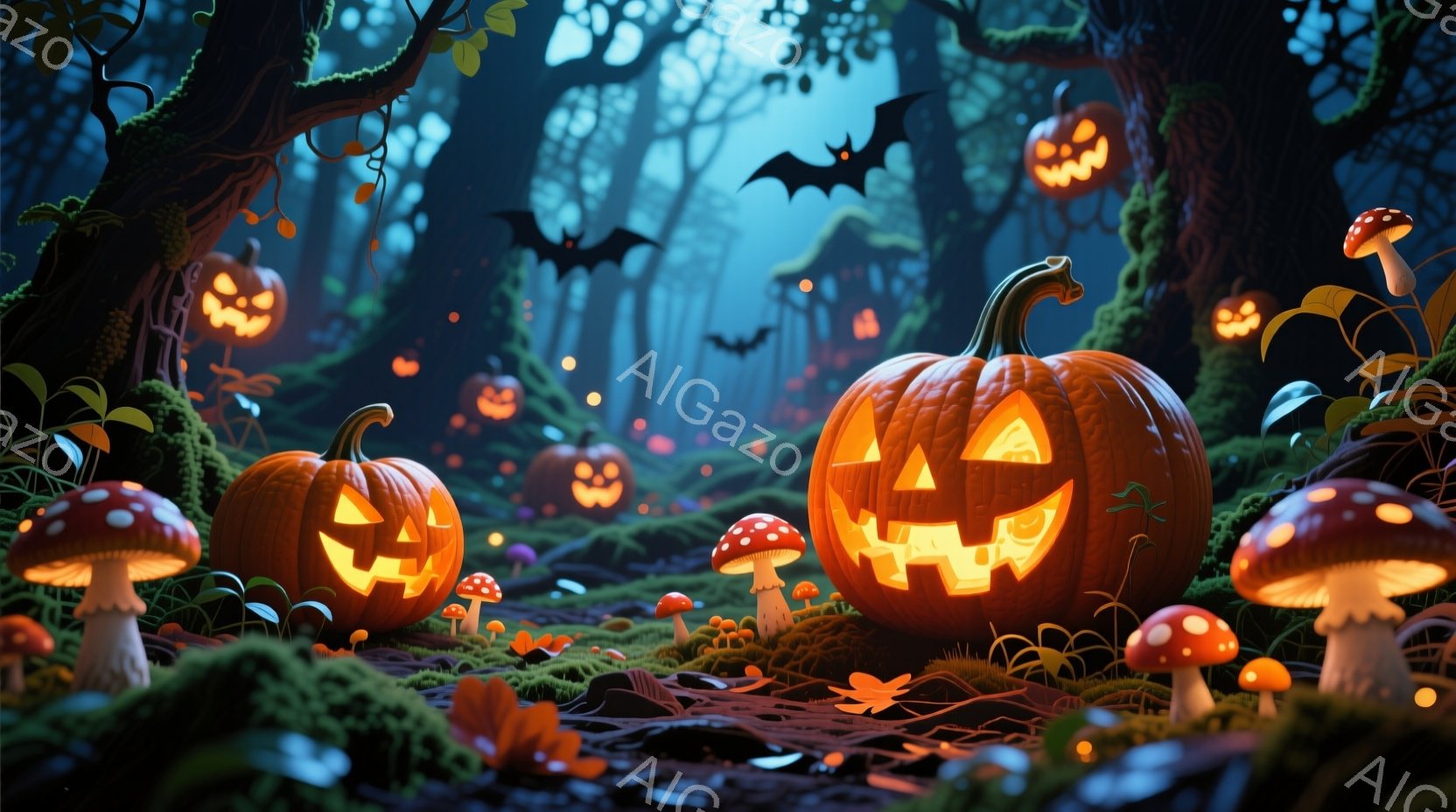 暗い森の中に、様々な大きさのジャック・オー・ランタンが点在し、不気味な光を放っている。赤い笠を持つキノコや落ち葉が地面を覆い、ハロウィンの夜を思わせる雰囲気を醸し出している。背景にはシルエット状の木々 - AI生成フリー素材