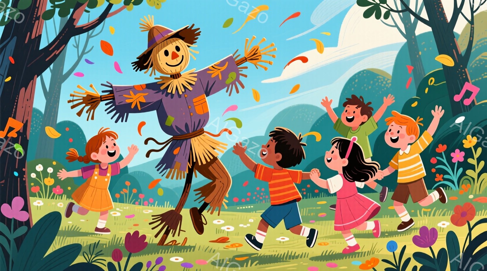 藁で作られた大きなかかしが、子供たちに囲まれて楽しそうに踊っています。子供たちはそれぞれ明るい色の服を着ており、笑顔で走り回っています。背景には緑豊かな草原と木々、そして落ち葉が舞う秋の風景が広がって - AI生成フリー素材