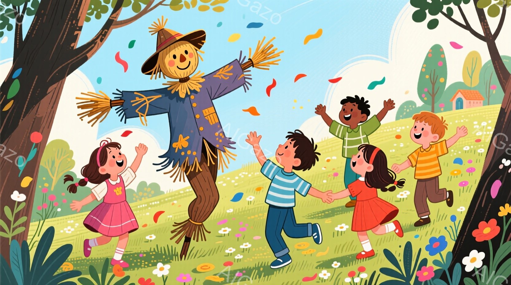 麦わら帽子とパッチワークの服を着たかかしが、緑豊かな草原で子供たちに囲まれています。子供たちは皆、笑顔で手を繋ぎ、かかしの周りを踊るように走り回っており、楽しそうな雰囲気です。背景には、遠くに家々が見え、鮮やかな花々が咲き乱れ、秋らしい落ち葉が舞い散る、暖かく平和な秋の日の光景が広がっています。