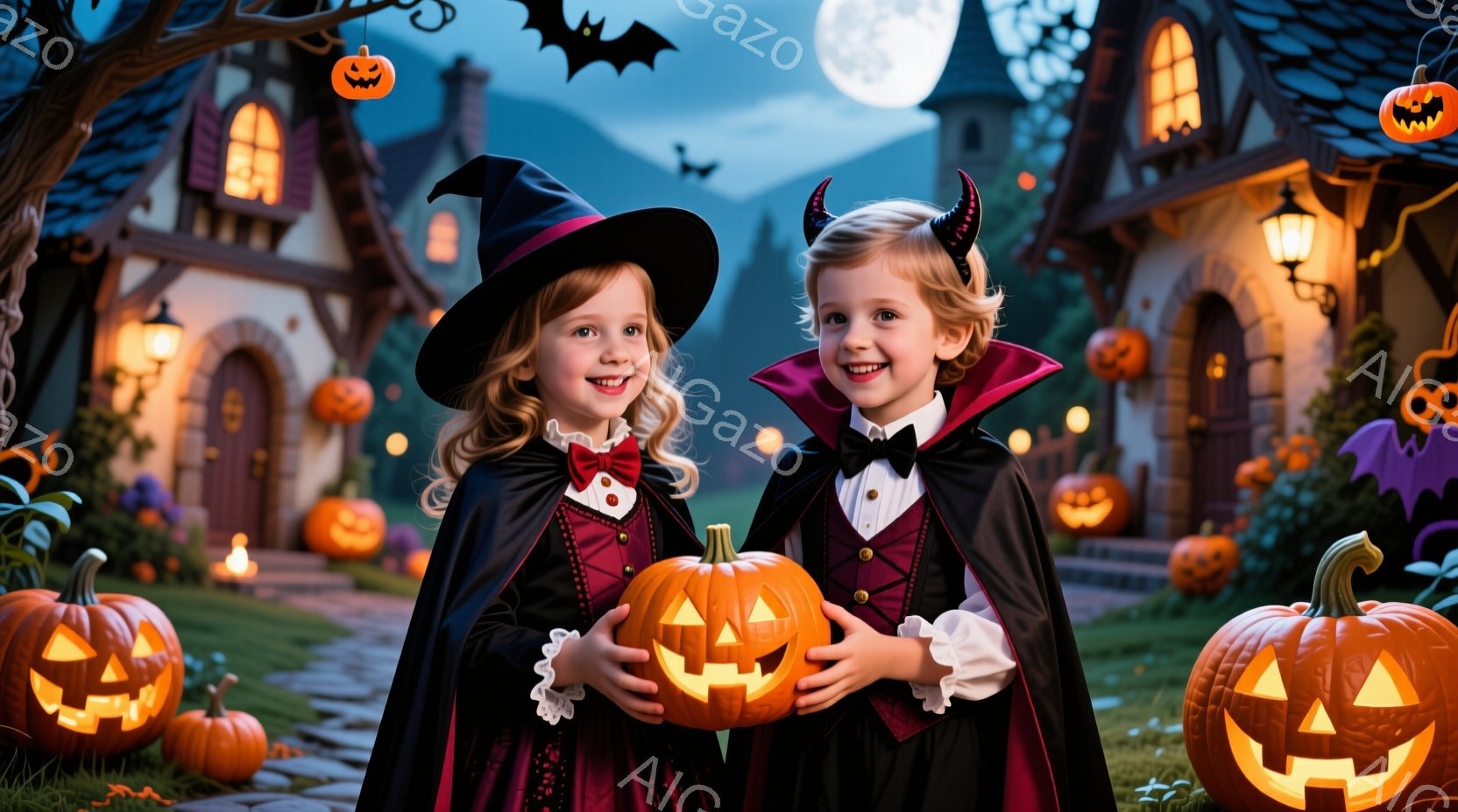 ハロウィーンの衣装を着た2人の幼い子供たちが、明るく照らされたカボチャを抱えて並んでいます。女の子はそれぞれ、魔女帽とヴァンパイアの角をつけ、赤いドレスに黒いマントを羽織っています。背景には、ライトア - AI生成フリー素材