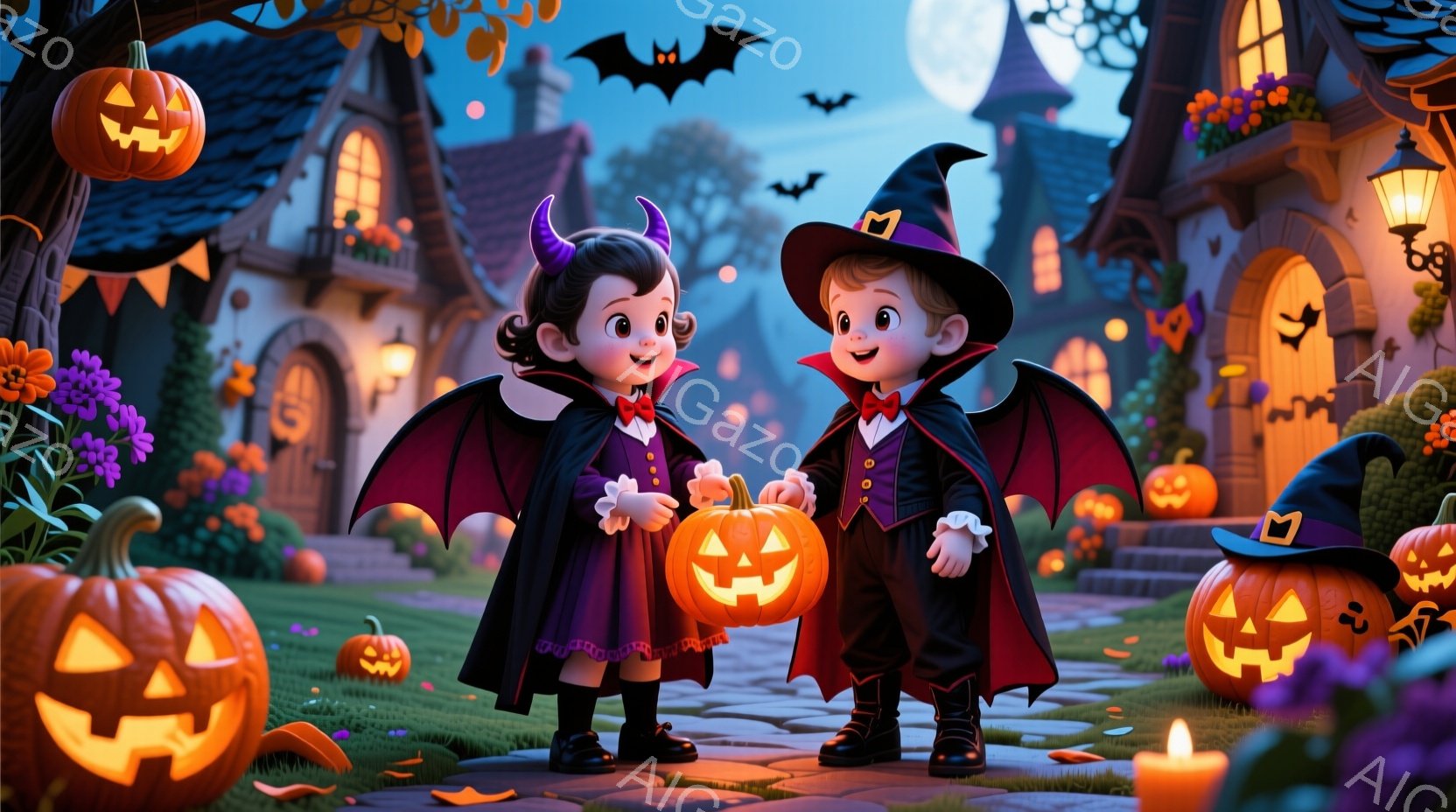 二人の子供たちはハロウィーンの衣装を着て、それぞれ大きなカボチャのランタンを持っています。紫色のドレスと黒い帽子、翼をつけた女の子と、黒いスーツに帽子をかぶった男の子は、楽しそうな笑顔を浮かべて立っています。背景には、カボチャの装飾が施された家々、庭の緑、そして暗い空に浮かぶ月とコウモリがあり、ハロウィーンの夜の雰囲気を醸し出しています。