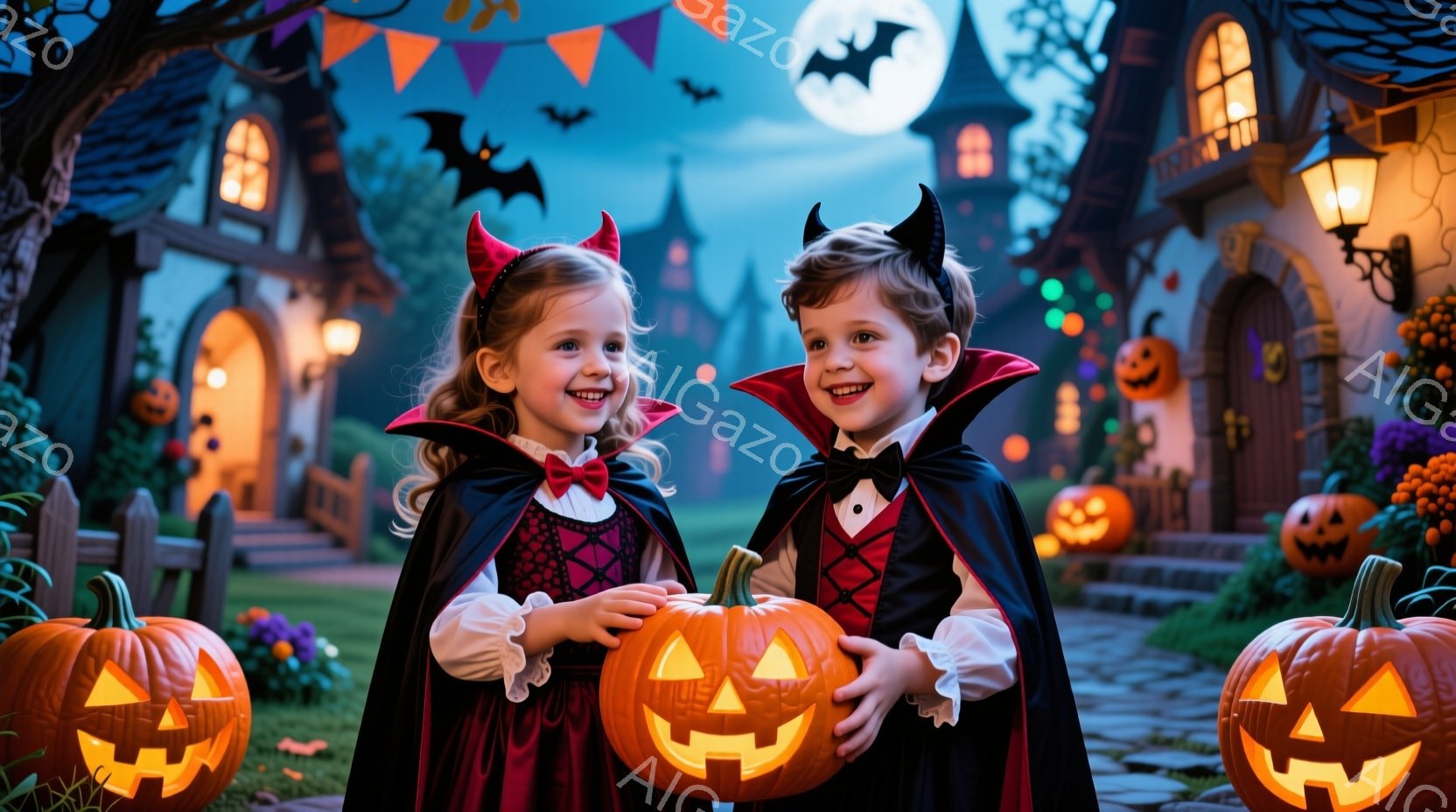 ハロウィーンの衣装を着た幼い男の子と女の子が、それぞれ大きなジャック・オ・ランタンを持って正面を向いています。女の子は赤いドレスに黒いマント、男の子はダークカラーのスーツに黒いマントを着ており、どちらも笑顔で少し上を見ています。背景には、お化け屋敷風の建物、ハロウィーンの装飾、満月、そして夜空を飛ぶコウモリが描かれており、お祝いムードにあふれています。