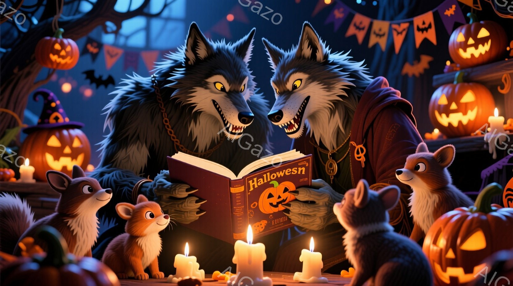 暖炉のある薄暗い部屋で、ローブを着た人物が大きなハロウィンの本を読み聞かせている。周りには、本に夢中になっている小さな動物たちが集まり、燃えるキャンドルと彫刻されたカボチャが部屋を照らしている。全体的に、ハロウィーンの夜の温かく幻想的な雰囲気が漂っている。