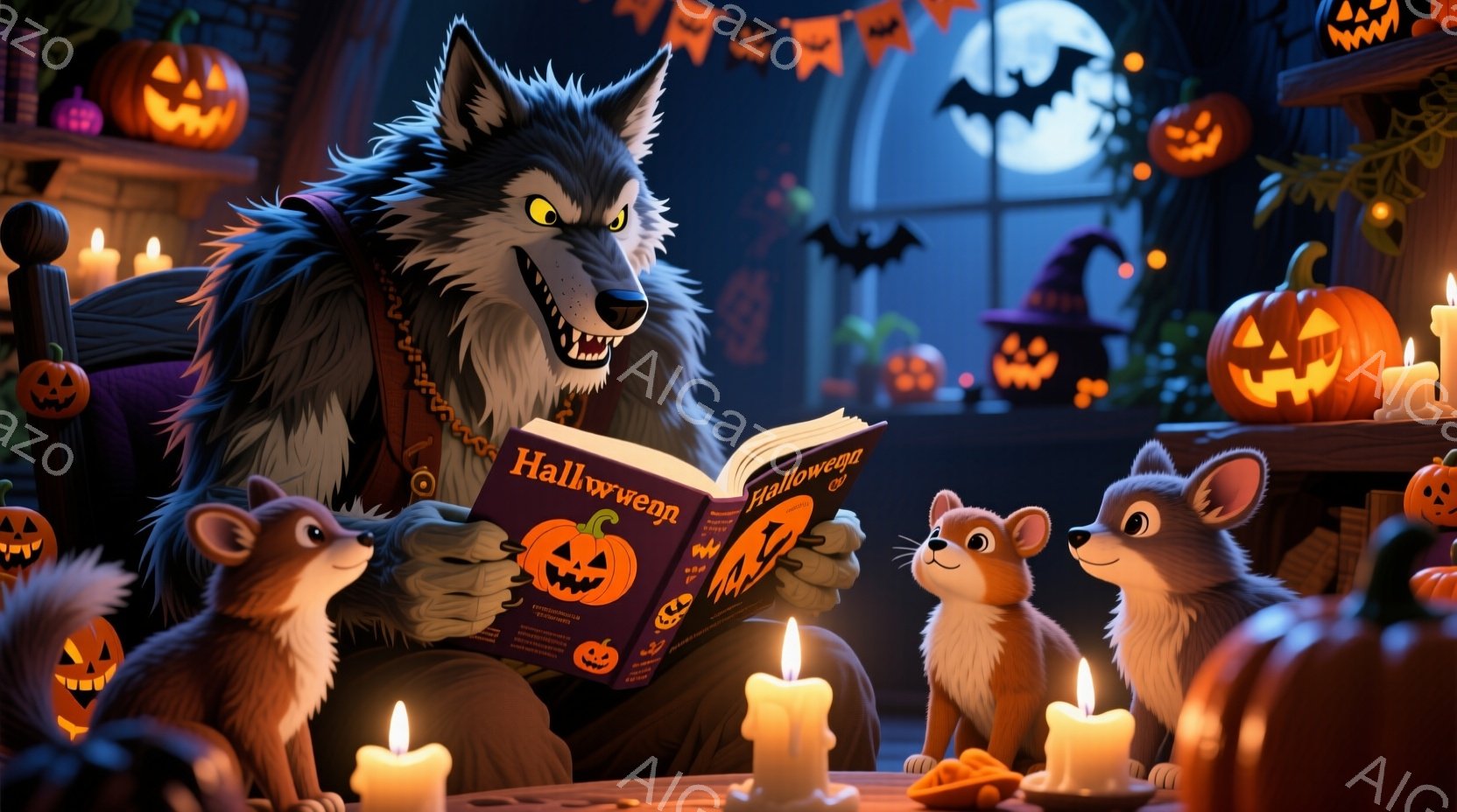 大きな狼が、ハロウィーンをテーマにした本「Hallweenn」を小さなリスの子供たちに読んで聞かせています。狼は赤いバンダナを身につけ、笑顔で本に集中しており、リスたちは熱心に聞き入っています。背景には、たくさんのカボチャのランタン、ろうそく、そしてハロウィーンの飾り付けが施された暖かい部屋が広がっており、おとぎ話のような雰囲気を作り出しています。