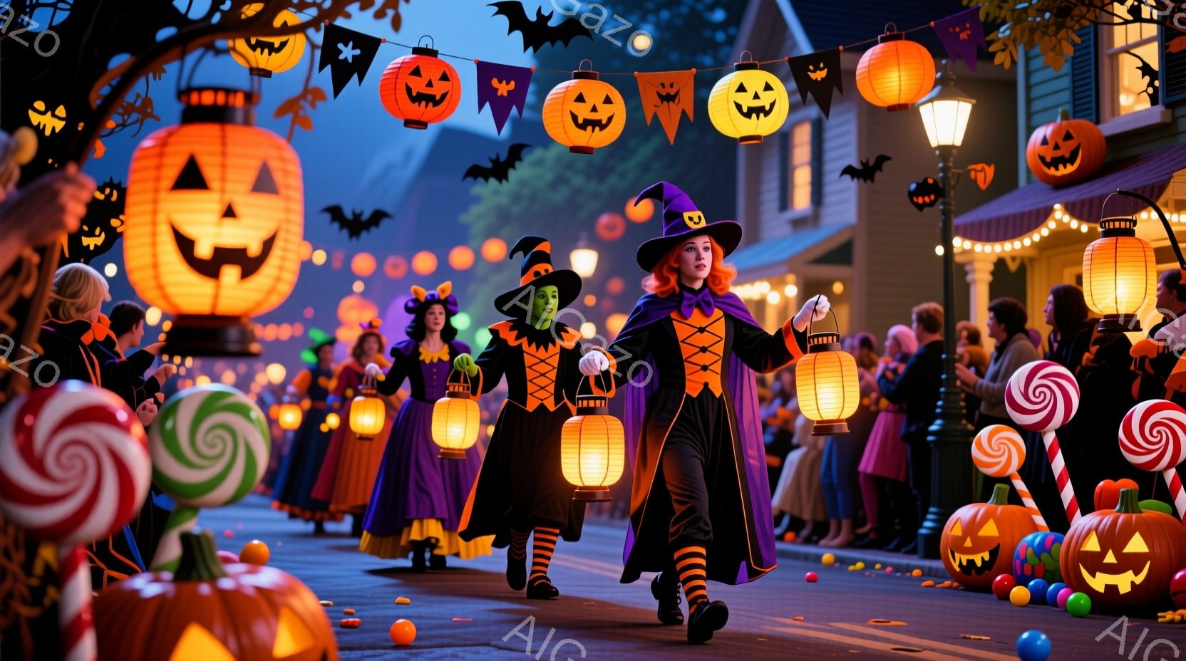 ハロウィーンの夜、子どもたちがランタンを持って歩いている様子が描かれています。先頭の女の子は黒い魔女の衣装にオレンジ色の髪、そして楽しそうな表情で歩いています。背景には、かぼちゃのランタンやキャンディ - AI生成フリー素材