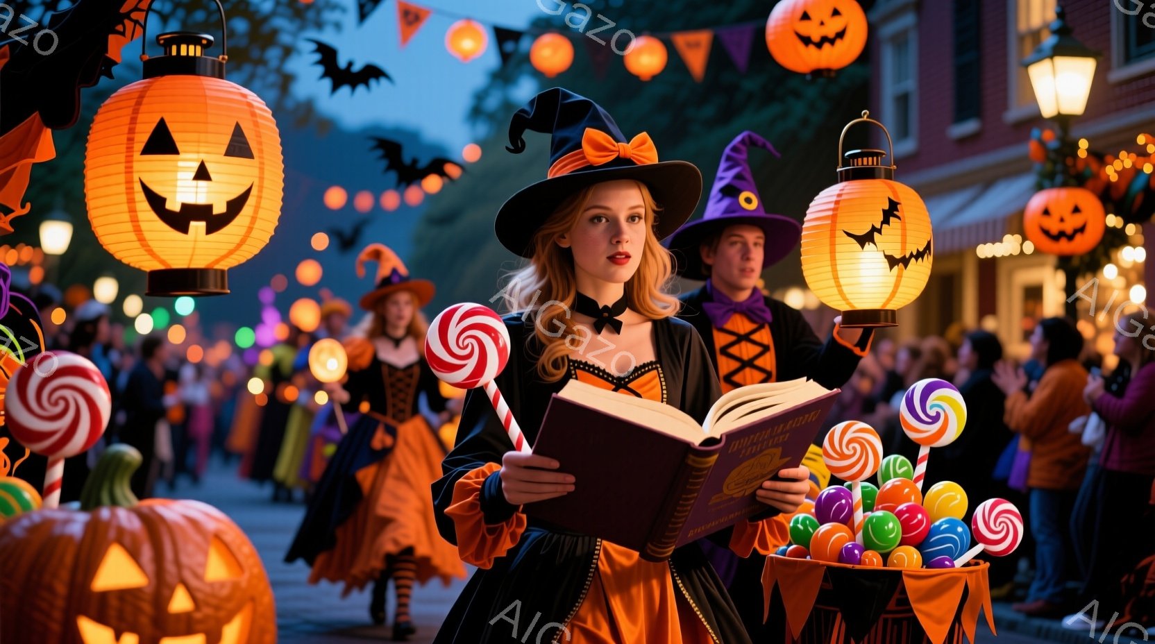 ハロウィーンの夜、若い女性が魔女の衣装を着て、大きな本を読んでいます。彼女は黒い魔女帽子とオレンジ色のドレスを着ており、表情は真剣です。背景には、カボチャのランタン、キャンディー、そしてハロウィーンを - AI生成フリー素材