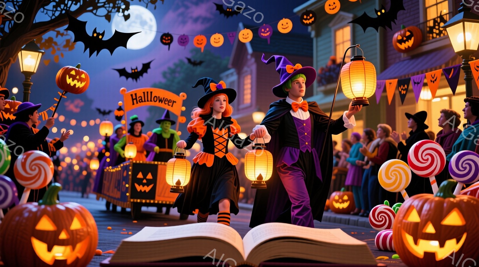 ハロウィーンの夜、子供たちがランタンを持って歩いている様子が描かれています。黒い衣装を着た女の子はオレンジ色の髪を結び、男の子は紫色のスーツと帽子を着用し、どちらも楽しそうな表情をしています。背景には、かぼちゃのランタン、キャンディ、装飾された建物が並び、お祭り気分満載の夜の街並みが広がっています。
