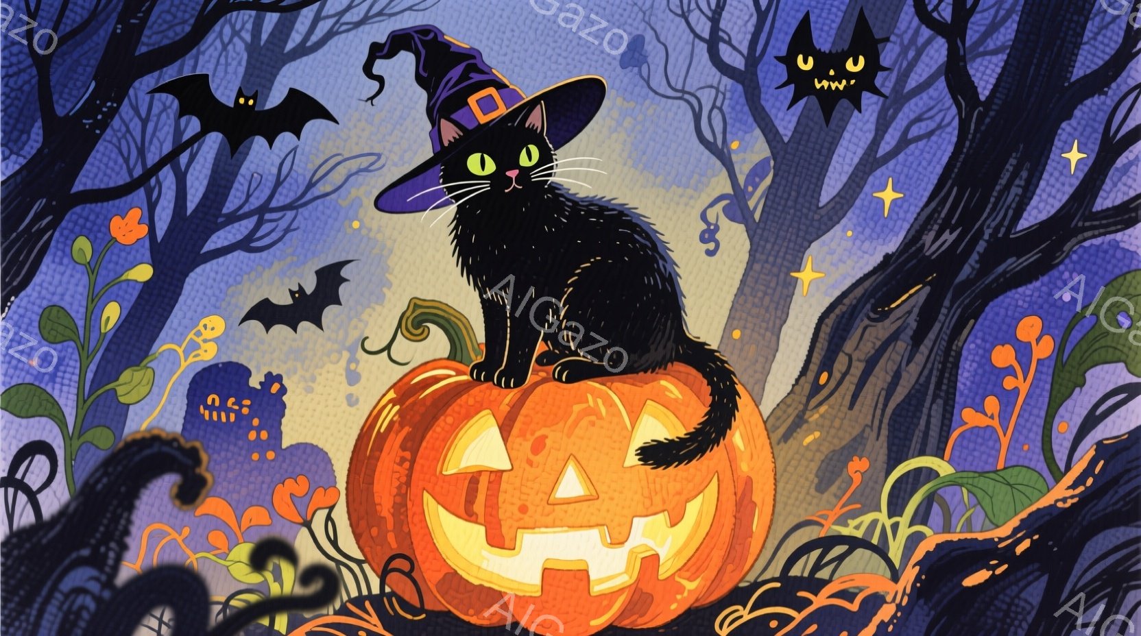 黒猫が、かぼちゃの上に座っており、紫色の魔女帽子をかぶっています。背景には、ねじれた木々、飛ぶコウモリ、そしてオレンジと紫色の植物が描かれており、ハロウィーンらしい幻想的な雰囲気です。全体的に鮮やかで、少し不気味ながらも可愛らしいイラストレーションです。