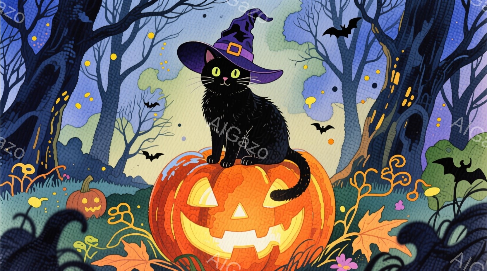 黒猫が大きなオレンジ色のジャック・オ・ランタンの上に座っており、頭には紫色の魔女帽子をかぶっています。背景には不気味な木々、飛んでいるコウモリ、落ち葉、小さなカボチャが描かれており、ハロウィーンの夜を思わせる雰囲気です。全体的に、お祝いと少し不気味な雰囲気が漂う、魅力的なイラストレーションです。