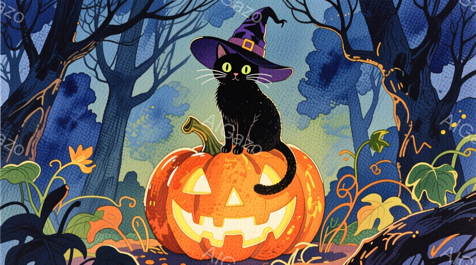 黒猫が、くり抜かれたジャック・オー・ランタンの上に座っています。猫は紫色の魔女帽子をかぶり、尻尾を優雅に巻いています。背景には、暗いシルエットの木々や植物が広がり、ハロウィーンの不気味で幻想的な雰囲気を醸し出しています。