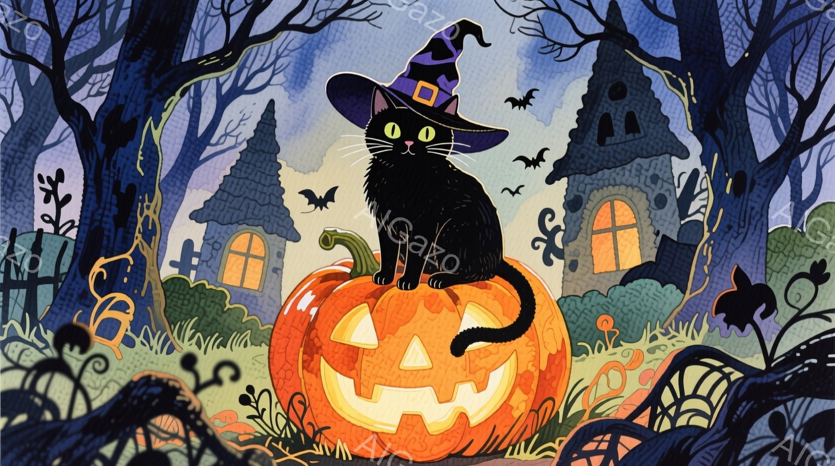 黒猫がハロウィーンの飾りであるオレンジ色のジャック・オー・ランタンの上に座っています。猫は紫色の魔女帽子をかぶり、鋭い目つきでこちらを見ています。背景には、不気味な雰囲気の建物と、黒い木のシルエット、そして飛んでいるコウモリが描かれており、ハロウィーンの夜の神秘的な雰囲気を醸し出しています。