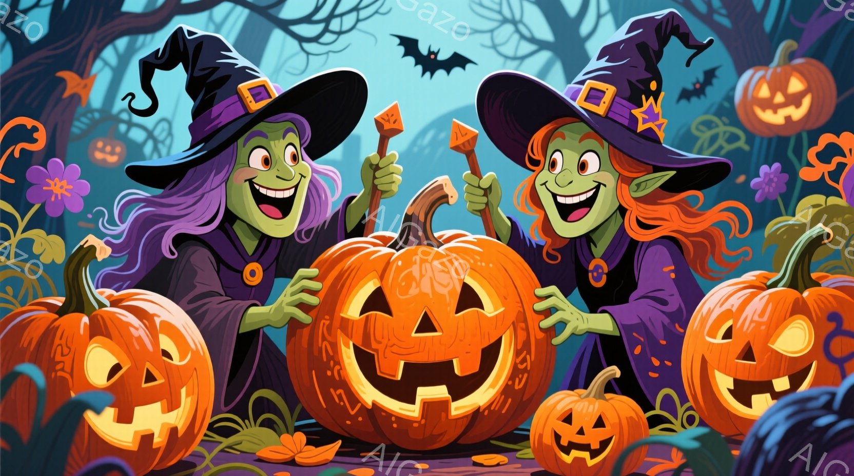 2人の魔女が、切り抜かれたジャック・オー・ランタンの周りにひざまずいて微笑んでいます。彼女たちは緑色の肌と赤毛で、黒い尖った帽子と紫色のローブを着ています。背景には、多くのジャック・オー・ランタン、緑の植物、そして飛んでいるコウモリが見られ、ハロウィーンの雰囲気満載です。